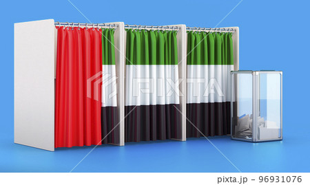 Voting booths with the United Arab Emirates flag and ballot box. Election in the UAE, concept. 3D rendering Voting booths with the United Arab Emirates flag and ballot box. Election in the UAE, concept. 3D rendering 96931076