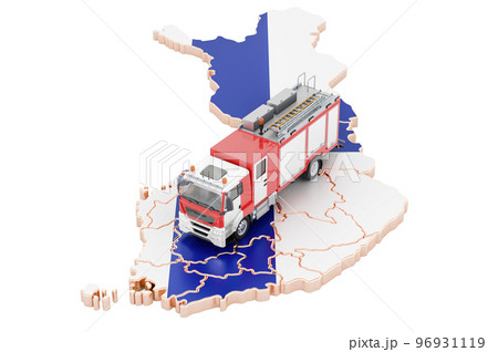 Fire department in Finland. Fire engine truck on the Finnish map. 3D rendering Fire department in Finland. Fire engine truck on the Finnish map. 3D rendering 96931119