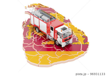 Fire department in Sri Lanka. Fire engine truck on the Sri Lankan map. 3D rendering Fire department in Sri Lanka. Fire engine truck on the Sri Lankan map. 3D rendering 96931133