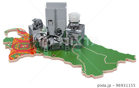 Kitchen and household appliance on the map of Turkmenistan. Production, shopping and delivery concept. 3D rendering Kitchen and household appliance on the map of Turkmenistan. Production, shopping and delivery concept. 3D rendering 96931155