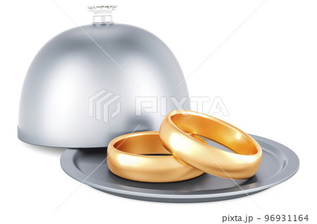 Restaurant cloche with wedding rings, 3D rendering Restaurant cloche with wedding rings, 3D rendering 96931164