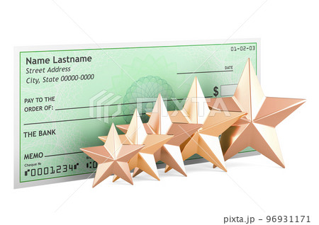 Bank check with five golden stars. 3D rendering Bank check with five golden stars. 3D rendering 96931171