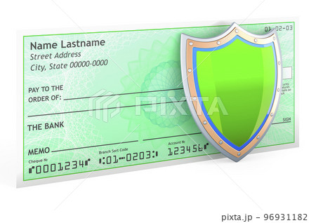 Bank check with shield, 3D rendering 96931182