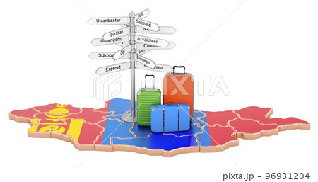 Mongolia travel concept. Mongolian flag on map with suitcases and signpost, 3D rendering 96931204