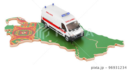 Emergency medical services in Turkmenistan. Ambulance van on the Turkmen map. 3D rendering Emergency medical services in Turkmenistan. Ambulance van on the Turkmen map. 3D rendering 96931234