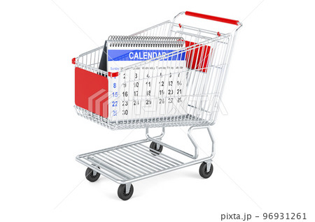 Shopping cart with desk calendar, 3D rendering Shopping cart with desk calendar, 3D rendering 96931261