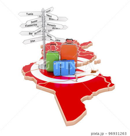 Tunisia travel concept. Tunisian flag on map with suitcases and signpost, 3D rendering Tunisia travel concept. Tunisian flag on map with suitcases and signpost, 3D rendering 96931263
