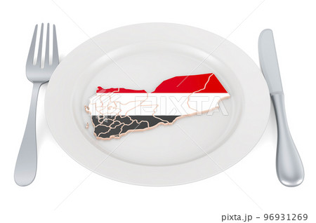 Yemeni cuisine concept. Plate with map of Yemen. 3D rendering Yemeni cuisine concept. Plate with map of Yemen. 3D rendering 96931269