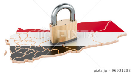 Lockdown in Yemen. Padlock with map, border protection concept. 3D rendering Lockdown in Yemen. Padlock with map, border protection concept. 3D rendering 96931288