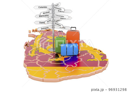 Sri Lanka travel concept. Sri Lankan flag on map with suitcases and signpost, 3D rendering 96931298