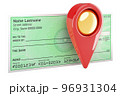 Bank check with map pointer, 3D rendering 96931304