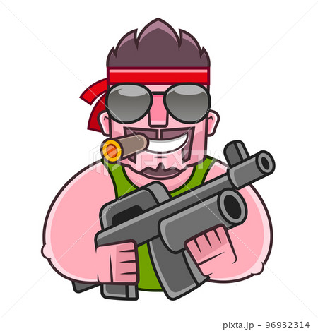 Man in military clothes on a background of green leaves with a weapon. Young man in an army soldier s suit. Vector Man in military clothes on a background of green leaves with a weapon. Young man in an army soldier s suit. Vector 96932314