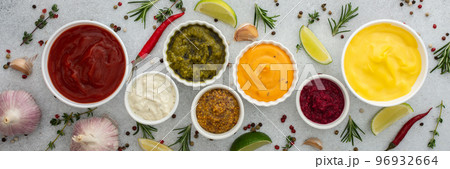Different types of sauces in bowls Different types of sauces in bowls 96932664