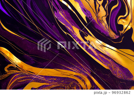 Black violet and gold marble abstract background. Decorative acrylic paint pouring rock marble texture. Horizontal Black violet and gold wavy abstract pattern. Black violet and gold marble abstract background. Decorative acrylic paint pouring rock marble texture. Horizontal Black violet and gold wavy abstract pattern. 96932862