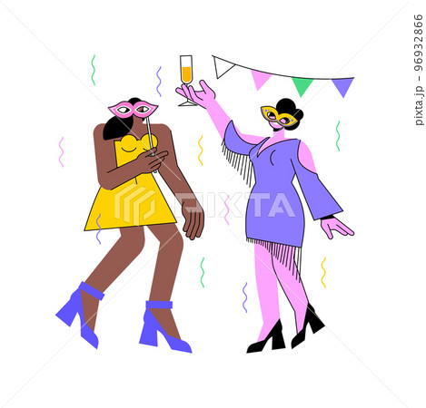 Festival outfit isolated cartoon vector illustrations. Smiling girl in themed costumes and carnival masks having fun, friends celebration party, special outfits for festival vector cartoon. 96932866