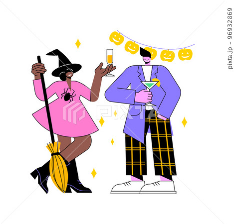 Halloween party isolated cartoon vector illustrations. Young people in scary costumes celebrate Halloween holiday, friends having fun, traditional decorations, mystery event vector cartoon. Halloween party isolated cartoon vector illustrations. Young people in scary costumes celebrate Halloween holiday, friends having fun, traditional decorations, mystery event vector cartoon. 96932869