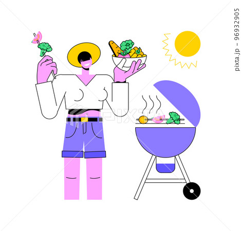 BBQ area isolated cartoon vector illustrations. Beautiful girl grilling vegetables in the urban park, summer weekend with bbq, people lifestyle, barbecue relax, recreation day vector cartoon. 96932905