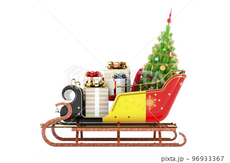 Belgian flag painted on the Christmas Santa sleigh, full of gifts and Christmas tree. 3D rendering 96933367