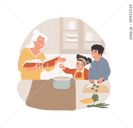 Family recipe isolated cartoon vector illustration. Preparing food at home, notebook with old recipe, grandma cooking with children, mixing ingredients in bowl, family tradition vector cartoon. 96933539