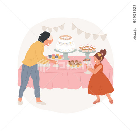 Sweet table isolated cartoon vector illustration. Sweet station, kid and mom put plates with dessert on the table, macaroons and cupcakes in bowls, receiving guests at home vector cartoon. 96933622