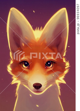 Funny adorable portrait headshot of cute swift fox. North American land animal standing facing front. Looking towards camera. Mystery light art illustration. Vertical artistic poster. 96934097