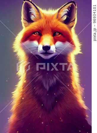 Funny adorable portrait headshot of cute red fox. North American land animal standing facing front. Looking towards camera. Mystery light art illustration. Vertical artistic poster. Funny adorable portrait headshot of cute red fox. North American land animal standing facing front. Looking towards camera. Mystery light art illustration. Vertical artistic poster. 96934101