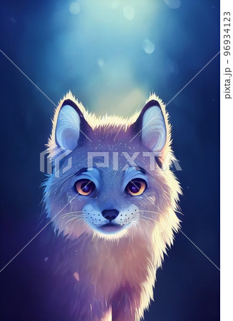 Funny adorable portrait headshot of cute baby bobcat. North American land animal standing facing front. Looking towards camera. Mystery light lynx art illustration. Vertical artistic poster. 96934123