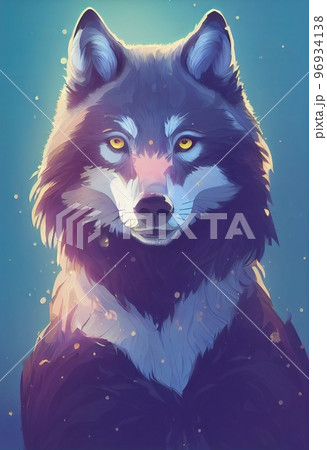 Mystical portrait headshot of cartoon grey wolf. North American land animal standing facing front. Looking towards camera. Mystery light art illustration. Vertical artistic poster. 96934138