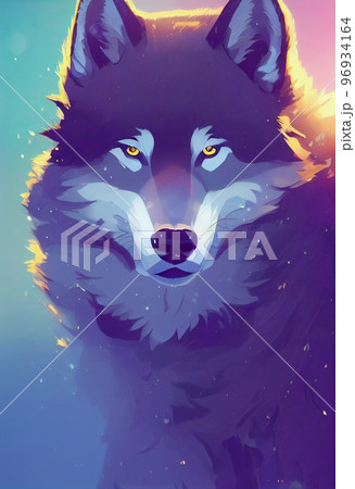 Mystical portrait headshot of cartoon grey wolf. North American land animal standing facing front. Looking towards camera. Mystery light art illustration. Vertical artistic poster. 96934164