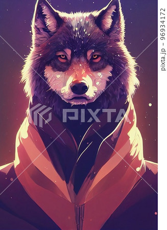 Mystical portrait headshot of cartoon grey wolf. North American land animal standing facing front. Looking towards camera. Mystery light art illustration. Vertical artistic poster. 96934172
