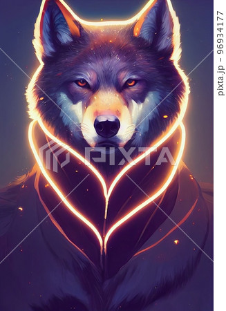 Mystical portrait headshot of cartoon grey wolf. North American land animal standing facing front. Looking towards camera. Mystery light art illustration. Vertical artistic poster. 96934177