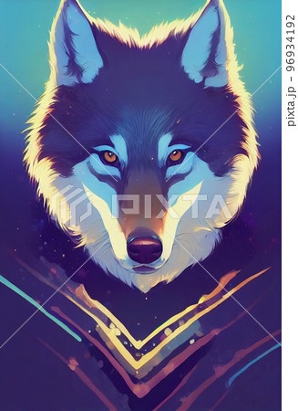 Mystical portrait headshot of cartoon grey wolf. North American land animal standing facing front. Looking towards camera. Mystery light art illustration. Vertical artistic poster. 96934192