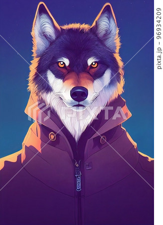 Mystical portrait headshot of cartoon grey wolf. North American land animal standing facing front. Looking towards camera. Mystery light art illustration. Vertical artistic poster. 96934209