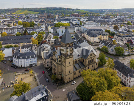 Aerial Drone Shot of the City Center in Trier, Rheinland-Pfalz. Autumn day in Famous German city Aerial Drone Shot of the City Center in Trier, Rheinland-Pfalz. Autumn day in Famous German city 96934328