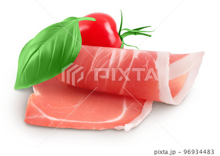 Italian prosciutto crudo or spanish jamon. Raw ham isolated on white background with full depth of field. Italian prosciutto crudo or spanish jamon. Raw ham isolated on white background with full depth of field. 96934483