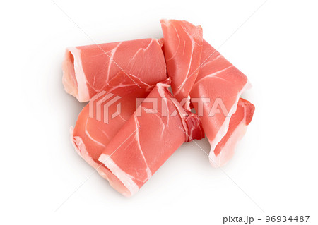 Italian prosciutto crudo or spanish jamon. Raw ham isolated on white background with full depth of field. Top view. Flat lay Italian prosciutto crudo or spanish jamon. Raw ham isolated on white background with full depth of field. Top view. Flat lay 96934487
