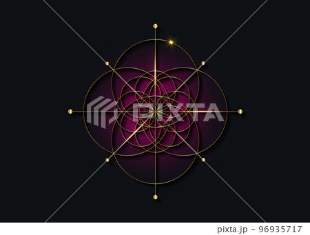 Gold Sacred Geometry, Seed of life symbol. Logo icon Geometric mystic mandala of alchemy esoteric Flower of Life. Vector golden line art tattoo divine meditative amulet isolated on black background 96935717