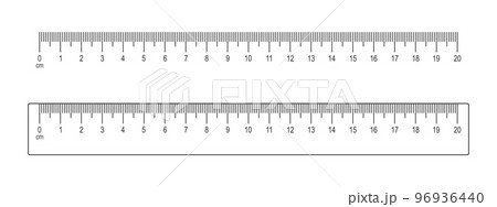 20 centimeters scale and ruler template isolated on white background. Math or geometric tool for distance, height or length measurement with markup and numbers 96936440