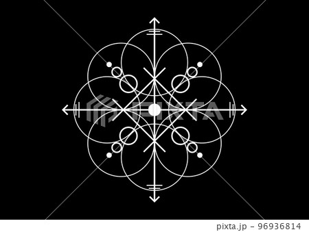 sacred seal of powerful energy, sigil for protection with geometric shapes and mystical arrows, vector white tattoo cross symbol isolated on black background 96936814