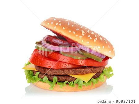 Open big hamburger with two cutlets on white background Open big hamburger with two cutlets on white background 96937101
