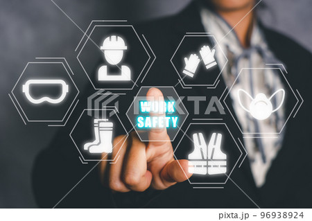 Work safety concept, Person hand holding holographic VR screen work safety icon, First secure rules. Health protection, personal security people on job. Work safety concept, Person hand holding holographic VR screen work safety icon, First secure rules. Health protection, personal security people on job. 96938924