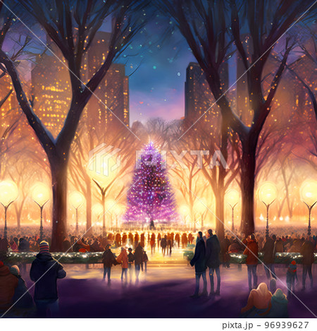 illuminated central park at christmas night, many people around, christmas tree in the middle, neural network generated art 96939627