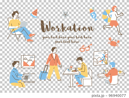 ワーケーションをする男性たち_セット_色 96940077