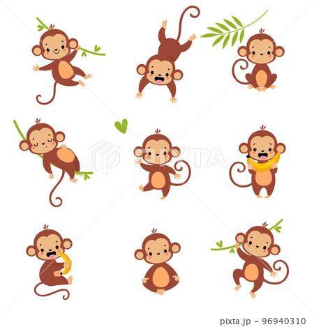 Cute Playful Monkey with Long Tail Hanging on Liana with Banana Vector Set 96940310