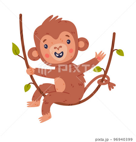 Funny cute baby monkey swinging on vine. African tropical animal cartoon character vector illustration Funny cute baby monkey swinging on vine. African tropical animal cartoon character vector illustration 96940399