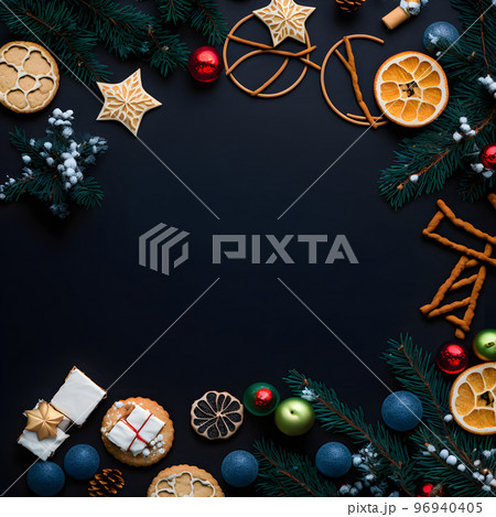 christmas items on flat black background in flat lay perspective, neural network generated art 96940405