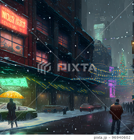 christmas night in cyberpunk city, neural network generated art 96940602