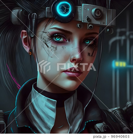 pretty young cyberpunk woman portrait, neural network generated art 96940603