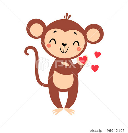 Cute Playful Monkey with Long Tail Holding Love Heart Vector Illustration 96942195