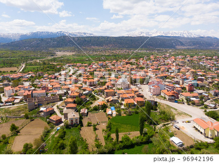 Aerial view of Turkish small town Yesildag in Burdur province 96942196